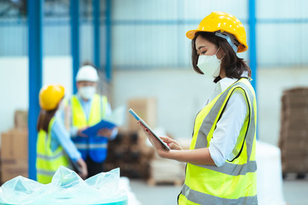 Chief industrial engineer inspects the factory Discussing a new project while using a laptop. They...