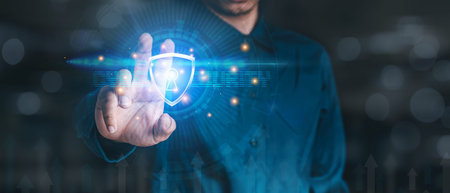 Data or network protection, businessman press shield icon, web button, virus cyber security....
