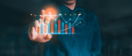 Money businessman touch virtual screen screen displaying a crypto currency featuring stock tickers or graphs. Stock trading platform concept. professional financial. Stock market data candlesticks.の写真素材