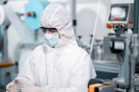 Scientists wearing protective clothing Inspect mask making machines in a laboratory at an industrial...