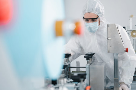 Scientists wearing protective clothing Inspect mask making machines in a laboratory at an industrial plant. Anti-virus production warehouse. concept of safety and prevention coronavirus covid-19.の写真素材