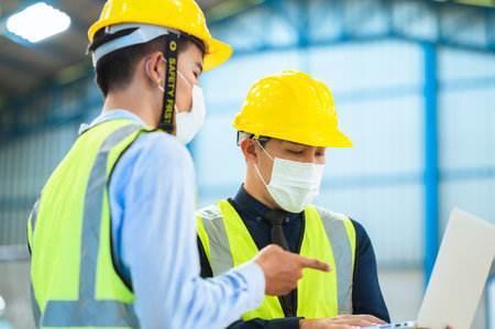 Team engineers and foreman wear a mask, hard hat, and vest. Standing consult discuss industrial production management. Explaining job details through laptops and tablets in factories or warehouses.の写真素材