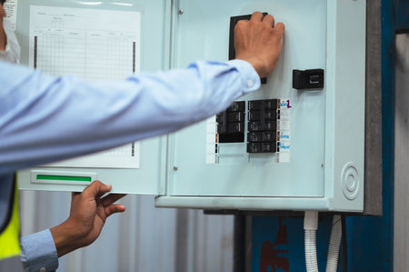 Engineer, Supervisor or Foreman male wear a mask, hard hat, and vest. Checking the power control box panel and electrical system inside the factory. for safety at work.の写真素材