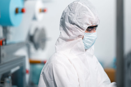 Scientists wearing protective clothing Inspect mask making machines in a laboratory at an industrial plant. Anti-virus production warehouse. concept of safety and prevention coronavirus covid-19.の写真素材