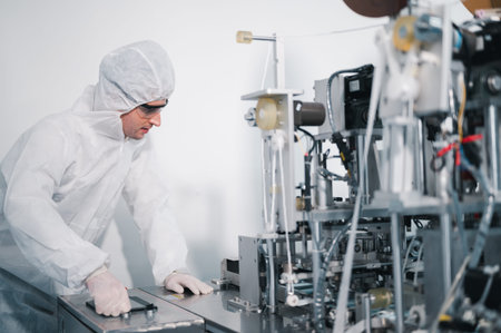 Scientists wearing protective clothing Inspect mask making machines in a laboratory at an industrial plant. Anti-virus production warehouse. concept of safety and prevention coronavirus covid-19.の写真素材