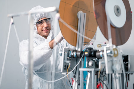 Scientists wearing protective clothing Inspect mask making machines in a laboratory at an industrial...