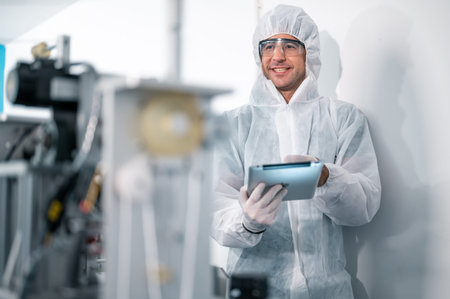 Scientists wearing protective clothing Inspect mask making machines in a laboratory at an industrial plant. Anti-virus production warehouse. concept of safety and prevention coronavirus covid-19.の写真素材