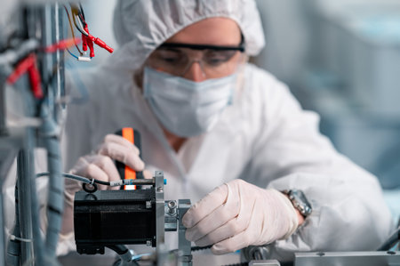 Scientists wearing protective clothing Inspect mask making machines in a laboratory at an industrial plant. Anti-virus production warehouse. concept of safety and prevention coronavirus covid-19.の写真素材