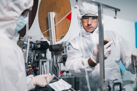 Two scientists wearing uniform protection. Check the manufacturing process face masks. With machinery in a laboratory at industry plants. The concept for security and protection coronavirus covid-19.の写真素材