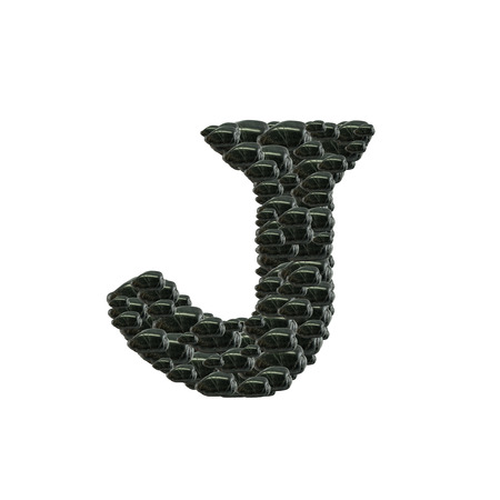 Closeup pile of black stone in J english alphabet isolated on white backgroundの写真素材