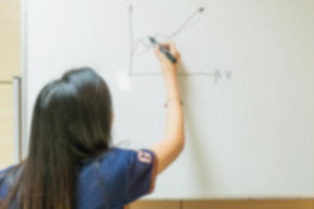 Motion blur of presenter on whiteboard backgroundの写真素材
