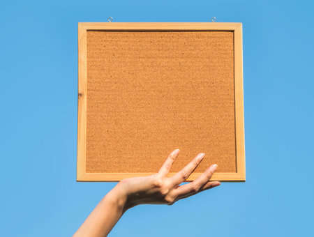 Closeup cork board in hand of woman with sun lightの写真素材