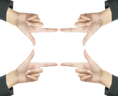 Closeup frame at the center by action of woman hand isolated on white backgroundの写真素材