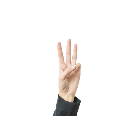 Closeup hand of working woman show three finger isolated on white background with clipping path