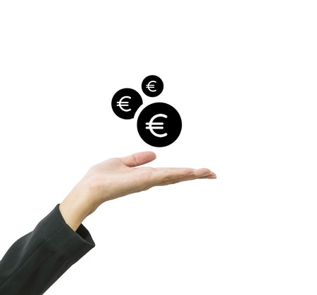 Closeup working woman hand hold out to receive coin in euro currency isolated on white background in business concept with clipping pathの写真素材