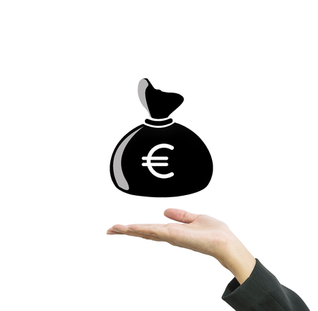 Closeup a money bag in euro currency on working woman hand isolated on white background in business concept with clipping pathの写真素材