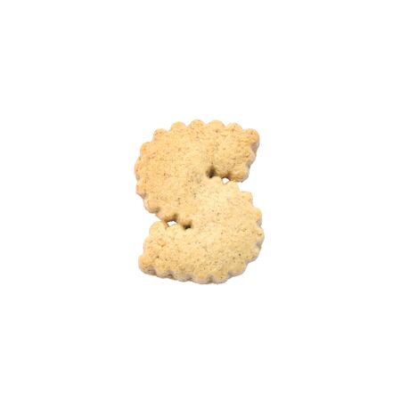 Closeup brown cookie in S english alphabet isolated on white background with clipping pathの写真素材