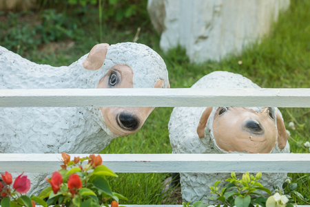 Closeup cute white sheep statue for decoration in the garden backgroundの写真素材