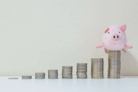 Closeup pile of coin start from low to high with pig doll on the top on white wood desk and wallpaper textured background with copy space in success of saving money conceptの写真素材