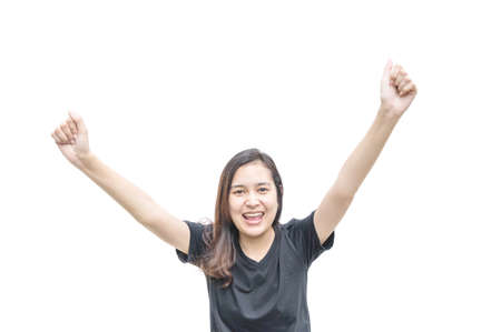 Closeup asian woman with happy posture motion isolated on white backgroundの写真素材