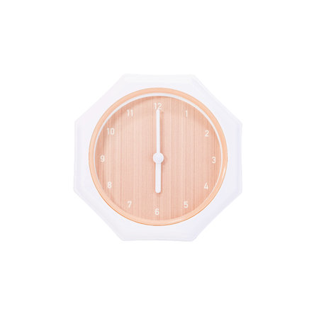 Closeup brown wall clock for decorate in 6 o'clock isolated on white background with clipping path