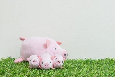Closeup cute pink pig doll and three little pig on artificial grass and cream color wallpaper wall textured background with copy spaceの写真素材