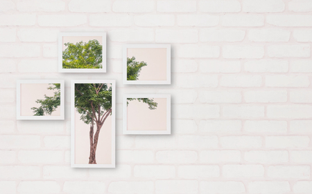 Closeup surface frame with green tree photo on brick wallpaper at wall of house textured background with copy spaceの写真素材