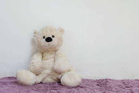Closeup bear doll sit on purple carpet on white cement wall textured background with copy spaceの写真素材
