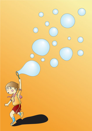 A boy running and playing with soap bubble (Vector)のイラスト素材