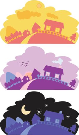 Vector illustration of a peaceful country side scenery with houses and mountain, in the morning, evening and at nightのイラスト素材
