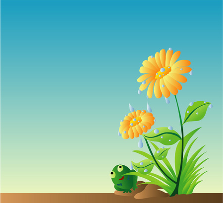 Watering Daisy And A Green Frogのイラスト素材