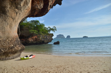 kayak on the beachの写真素材