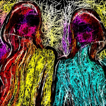 Illustration of a silhouette of a man and a woman with colored linesの素材