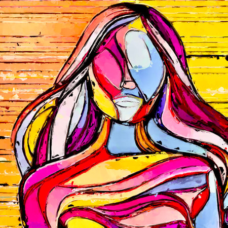 Portrait of a beautiful girl with pink hair. Hand-drawn illustration.の素材