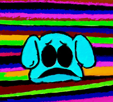 Illustration of a dog with eyes closed on a colorful background.の素材