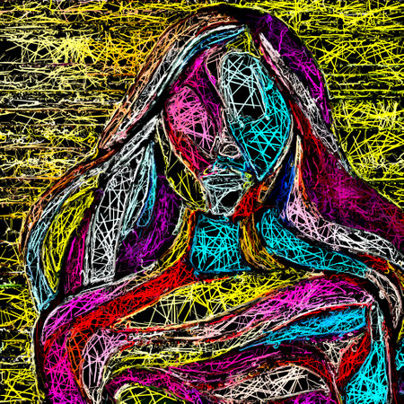 Abstract illustration of a beautiful young woman in a colorful dress on a black backgroundの素材