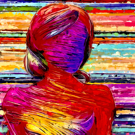 Colorful illustration of a girl with headphones and abstract colorful background.の素材