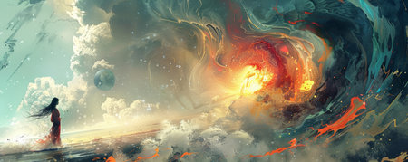 A captivating digital illustration of a lone figure observing a surreal cosmic event blending elements of ocean and space.の素材