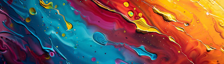 A panoramic abstract fluid art piece that beautifully contrasts warm orange and red tones against cool blues and purples, creating a vivid visual flow. Generative aiの素材