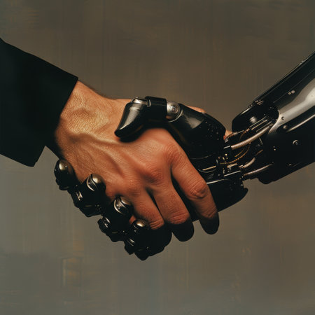 A conceptual image of a human hand and a robotic hand in a handshake, symbolizing the merging of humanity and technology. generative aiの素材
