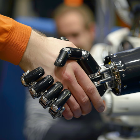 A robotic hand clasps a human hand in a firm handshake, symbolizing the interface between technology and humanity. generative aiの素材