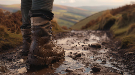 Rugged hiking boots wading through thick mud on a scenic trail with a backdrop of rolling hills. generative aiの素材