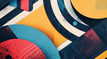 An abstract geometric composition with a mix of shapes and textures in vibrant colors of red, yellow, and blue, with a hint of urban grunge. generative aiの素材