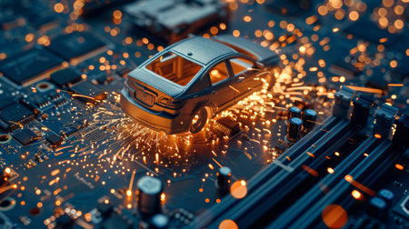Digital illustration of a sedan car merging with a motherboard, symbolizing automotive technology. generative aiの素材