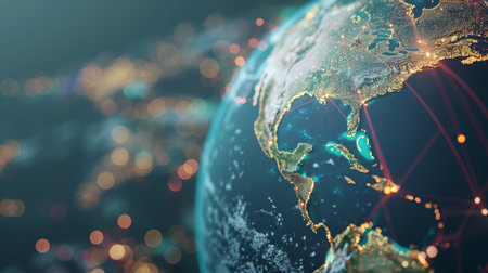 Graphic illustration of the Americas highlighted by a global communication network, emphasizing interconnectivity. generative aiの素材