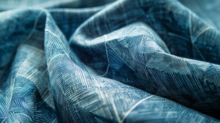 Macro image of blue shibori fabric, showcasing the intricate textures and patterns of the dye. generative aiの素材