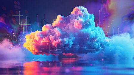 3 Illustration of a cloud sync with a 3D model and a lively, colorful backgroundの素材