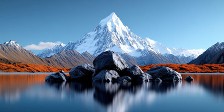 A stunning snow-capped mountain rises majestically above a serene lake, reflecting in the calm waters. Fiery autumn foliage surrounds the scene, creating a breathtaking contrast against the tranquil atmosphere.の素材