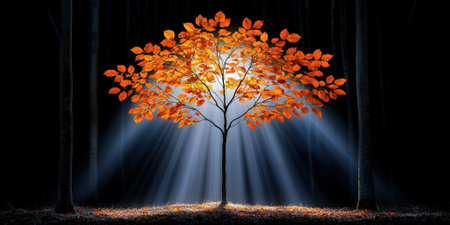 A stunning autumn tree with vivid orange leaves stands alone in a dark forest, illuminated by soft light rays. This serene scene captures the essence of nature's beauty and tranquility.の素材