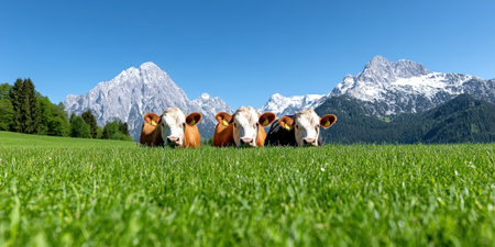 A picturesque scene featuring cows grazing peacefully in a lush green pasture, surrounded by stunning mountains under a clear blue sky.の素材